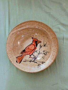 Hand-Painted Red Cardinal Ceramic Bird Bowl 9.5in Diameter